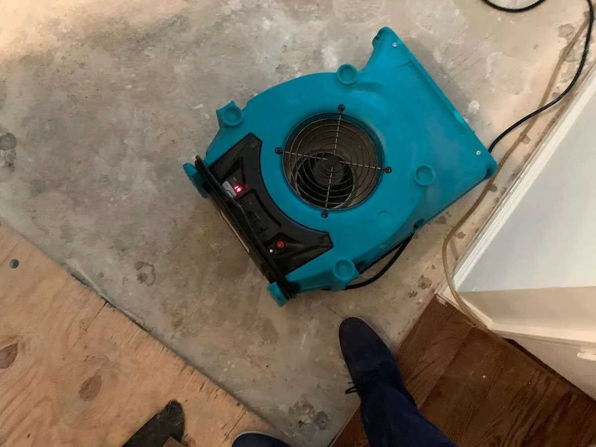 Air mover drying subfloor during Leak Detection & Repair in Firebaugh